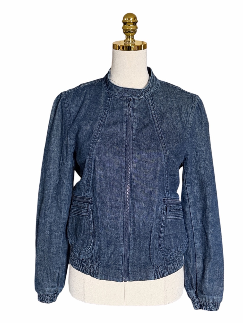 Ann Taylor Indigo Denim Moto Bomber Full Zip Jacket Mock Neck Pockets Women Sz 6